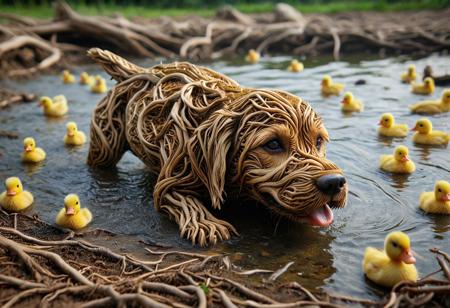 masterpiece, professional photography, PG-TR, active playful dog puppy swimming in the pond, fluffy ducklings:1.3, building a chromatic robotic dog with open wiring shows different very detailed views, aggressively barking at viewer, saliva, daunting eyes, drone, correct proportions, natural texture, natural colors, elegance, dust glimmer in air, bokeh, (set highlights in gold:1.4), 4k, highest resolution, negative space above, intricate details, depth of field, low-angle view, extreme long-shot fish-eye lens, atmospheric lighting, Canon EOS R5