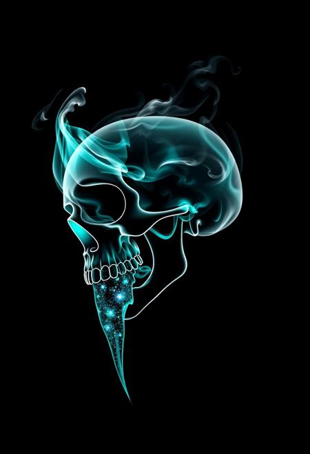 Skull, black background, slhouette black and white outline, skull made of smoke, neon teal_flames, pov sideview, smoke rises from back of skull, skull mouth open, jaw open, pouring out Galaxy in a liquid form, Galaxy waterfall from open mouth of skull