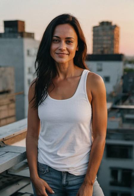 realistic, ultra realistic, detailed, woman, white tank top, detailed skin, tan skin, on a roof terrasse, sunset lighting, very long dark hair, analog film, portrait, dark hair, soft smile, wavy hair, (freckles:0.3), sunset, warm colors,