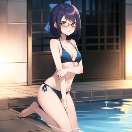 2d, masterpiece, best quality, anime, highly detailed face, highly detailed eyes, highly detailed background, perfect lighting, full body, 1girl, solo, a-chan, pool, bikini, crowd, embarrassed, smile <lora:a-chan:1>