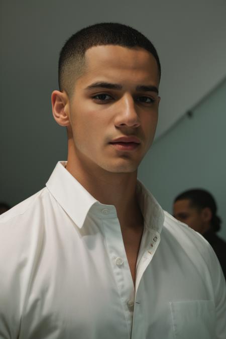 RAW photo, photo of man jordan_torres wearing closed buttoned up givenchy shirt posing at the end of a fashion runway, low angle, <lora:Jordan_Torres-10:0.8>, 8k uhd, dslr, soft lighting, high quality, film grain, Fujifilm XT3