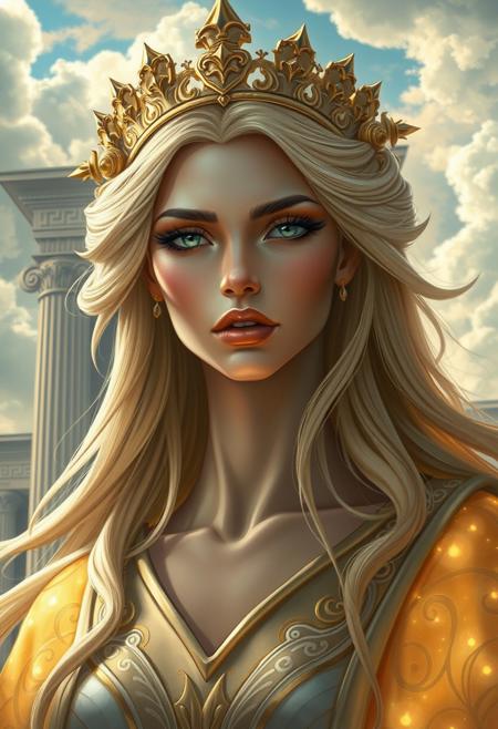 A goddess with a haughty expression, perfect symmetrical features, cold gaze, slight smirk. Flowing golden or silver hair, adorned with a delicate crown. Luxurious glowing robes with celestial patterns. Background: grand temple or sky with clouds. Dramatic lighting, fantasy art style, highly detailed