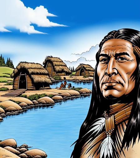 drawing of old native american man, brown eyes, feather, indian hut and a river in the background, blue sky, clouds, very detailed face, <lora:bonelli-000006:0.7>