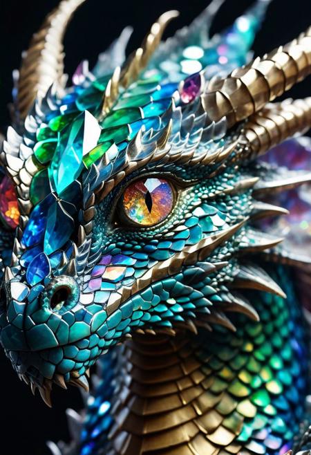 A beautiful portrait photograph of a dragon with diamond and gemstone scales, opal eyes, cinematic, gem, diamond, crystal, fantasy art, hyperdetailed photograph, shiny scales, 8k resolution,