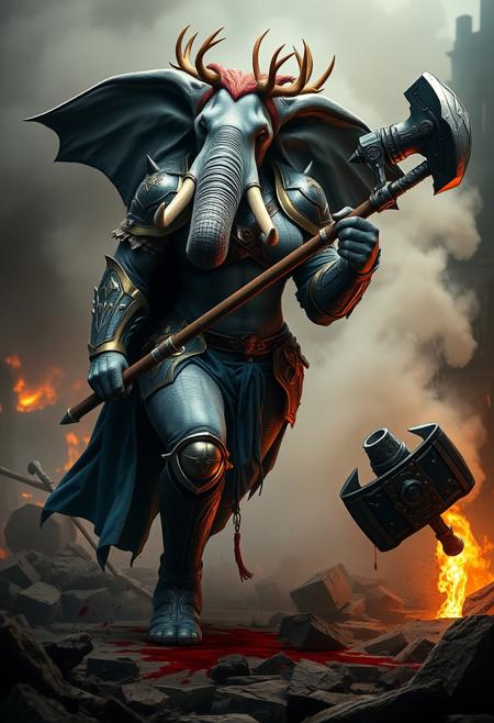 hyperrealistic, anthropomorphized elephant/human female (with female human body, elephant head with human like features), grey skin, bald, large tusks, elephant trunk, muscular thighs, sexy, busty,
knight, blue and gold full armor, long pelvic curtain, muscular thighs, holding a midevil war-hammer, knight, crown of red antlers,
charging into battle, fighting, hero pose, surrounded by smoke, surrounded by blood, blood splattered on floor, midevil battlefield, burning rubble, 
cinematic composition and lighting. Masterpiece. Very detailed.