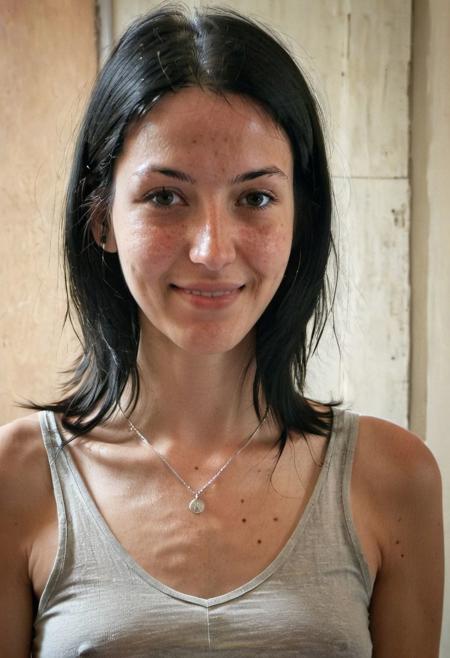 2/3 portrait , a 23 year old gorgeous skinny  woman , happy relieved smile, sweaty and exhausted, detailed skin face and eyes ,  long black hair, wearing a silver necklace, film grain, low contrast, natural face , freckles , black hair , green eyes, dark circles under eyes, in a cute apartment in paris, natural lighting, hard nipples