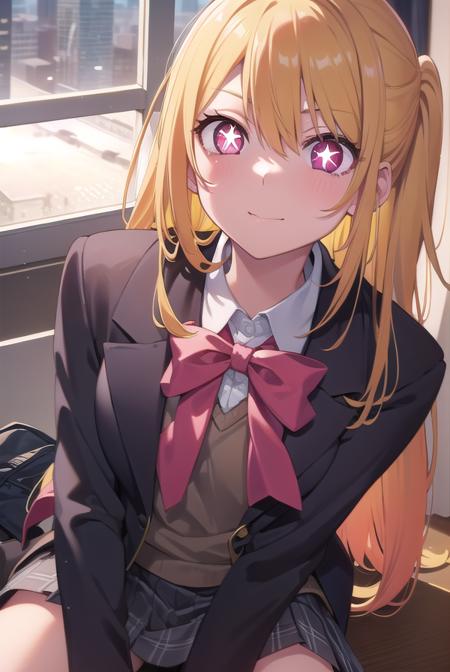 rubyhoshino, <lora:rubyhoshino-lora-nochekaiser:1>, 
ruby hoshino, (yellow hair:1.5), long hair, one side up, (pink eyes:1.5), sidelocks, (star-shaped pupils:1.5), (symbol-shaped pupils:1.5), (mismatched pupils:1.5),
BREAK black vest, blue jacket, bow, bowtie, collared shirt, cropped jacket, jacket, kneehighs, long sleeves, pink bow, pink bowtie, pleated skirt, school uniform, shirt, skirt, socks, vest, white shirt, white socks, youtou high school uniform,
BREAK looking at viewer,
BREAK indoors, classroom,
BREAK <lyco:GoodHands-beta2:1>, (masterpiece:1.2), best quality, high resolution, unity 8k wallpaper, (illustration:0.8), (beautiful detailed eyes:1.6), extremely detailed face, perfect lighting, extremely detailed CG, (perfect hands, perfect anatomy),