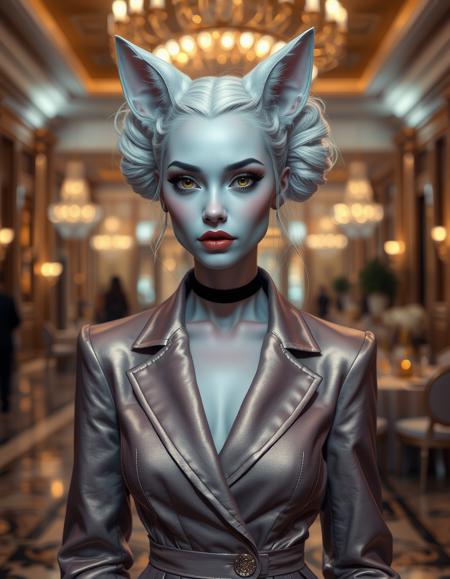 cinematic style, beauty, realism, photorealism, chiaroscuro, high quality, 1girl, pale dusky blue skin, facial markings like whiskers, white cat ears and a white cat tail, pronounced fangs, white hair in two large ringlets, a female miqote with a petite build, bright yellow eyes, cinematic photo a stylish event planner in a fashionable, glamorous outfit, walking through a lavishly decorated ballroom, arranging the final details for a high-profile event. 35mm photograph, film, bokeh, professional, 4k, highly detailed