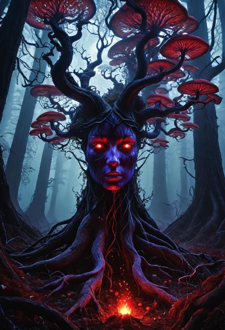 Dryad, corrupted forest, decaying trees, twisted branches, blackened bark, glowing red cracks in skin, dying leaves, cursed soil, thick violet fog, toxic mushrooms, rotting vines, dark magic aura, eerie atmosphere, cinematic shadows, masterpiece, ultra detailed, high quality, fantasy horror illustration, glowing spores, ambient corruption
