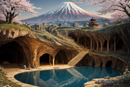 masterpiece, best quality, CG, wallpaper, HDR, high quality, high-definition, extremely detailed, from the side, ADDCOMM
mt fuji, snow capped mountain, japan, day time, cherry blossoms, ADDROW 
csu, cross-section, underground, burrow, cave, treasure, chinese dragon, subterranean pool, lake, stone, <lora:Cross_section_underground:0.6>