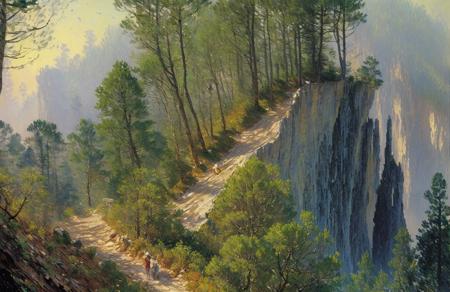 (impressionism:1.15), Cliff/Bluff, pine forest, (john berkey:1.2), a painting,scenery,scene painting,