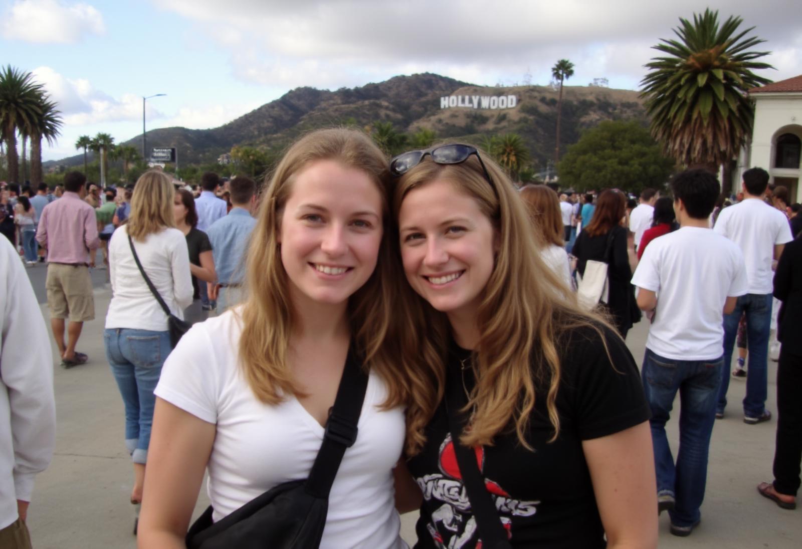 prompt: Amateur photography of 2 blonde sister wearing touristy clothing posing in front of the hollywood sign in Los Angeles, Street level, . Casual, f/<aperture>, <other tags: like low light, slight blur, slight overexposure, warm tones, cluttered background>, jpeg artifacts, on flickr
