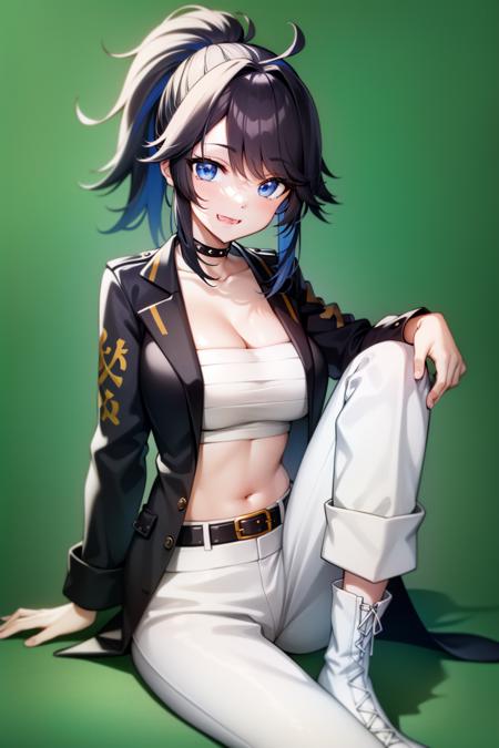 kson(vshojo), sitting, belt, white footwear, black hair, black jacket, grin, large breasts, smile, coat, white pants, chest sarashi, simple background, cleavage, blue eyes, open clothes, pants, solo, black choker, boots, sarashi, midriff, green background, full body, jacket, 1girl, looking at viewer, blue hair, ponytail, choker