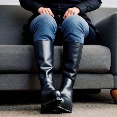 photo of 32 years old woman sitting on couch, wearing chelsea boots, focus on boots, pow from the floor, extremely low angle