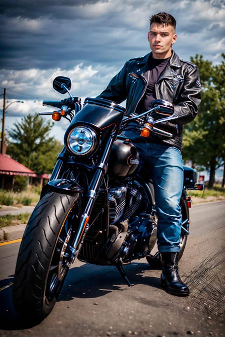 Cafe alongside Route 66, ((leaning on parked Harley-Davidson motorcycle)), MalikDelgaty is a biker, wearing black leather jacket, jeans, black motorcycle boots, (((full body portrait))) <lora:MalikDelgaty-000009:0.75>