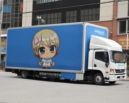 ground vehicle, outdoors, building, road, city, street, vehicle focus, truck, real world location, photo background <lora:adtruck_v1:0.7>, chibi