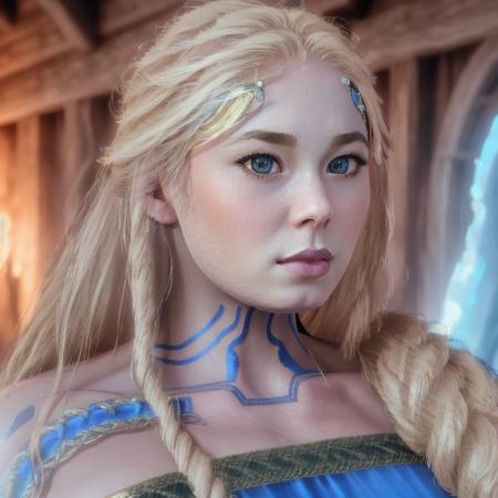 Sif, photorealistic, 4k, UHD, ((blonde hair over her left shoulder))),  blue dress, blue eyes, <lora:Sif_GodofWar:1.1>