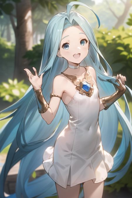 solo, 1girl, lyria_\(granblue_fantasy\),  <lora:lyria:0.7>, very long hair, aqua_hair, ahoge, blue eyes, small breasts, smile, looking at viewer, white choker, white cami-dress, bare shoulders, sleeveless, short skirt, outdoor, forest,