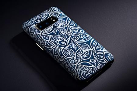 a modern smartphone with a batik fabric case, detailed batik pattern covering the back, elegant design, product photography lighting, clean and minimal background, realistic reflections, high-end technology, vivid display, soft shadows, focus on the texture, textile aesthetics, textile case, fabric texture, product shot, soft shadows, minimal interface, vivid screen
