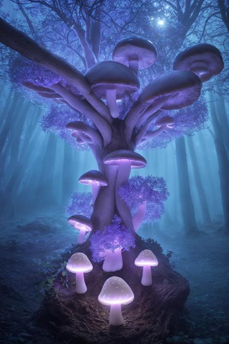 misty enchanted forest, glowing mushrooms scattered on the forest floor, ancient trees with twisting branches, soft blue and purple lighting, gentle fog rays through trees, fantasy magical vibe, high detail forest floor