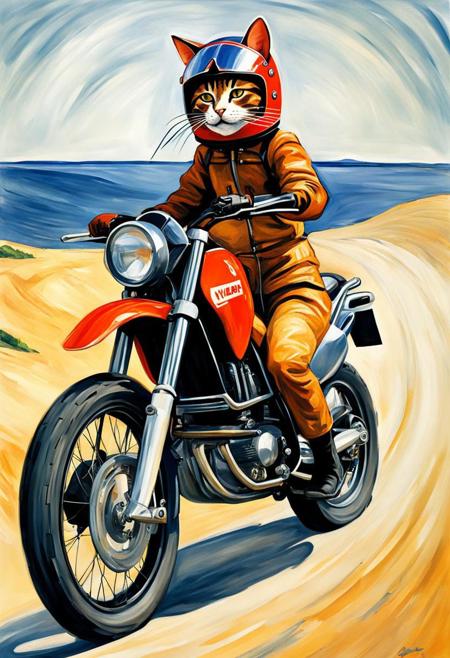 Full length view
<lora:d3qck artstyle:0.65> <lora:FF-Style-Edvard-Munch-vpred:1>, style of Edvard Munch,  Cat on modern cross enduro motorcycle, dreamdweller, a trickster of dunes, clad in a wind-whispered helmet, eternally smirking, sandswaggling over a dune-freckled miragepath in an ancient zephyr-twisted cactidle wilderness of towering dustfrond phantasmagorias, paying no heed to the sun-scorched skyripples above, Arid, Sand-whirled, Mirage, Cacti, Mystical Desert, oasis illusions. Edvard Munch style, gradient colors