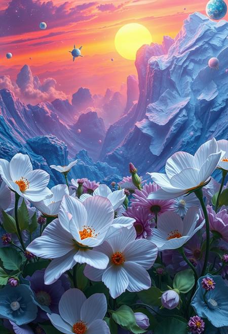 Multi-colored space landscape , Big white+blue. flowers , crepe glitter paper, crumpled cellophane, green, lilac, light green, olive, purple, pearl pink, extremely detailed fantasy, sunset, fantastic view, high detail, hdr+
