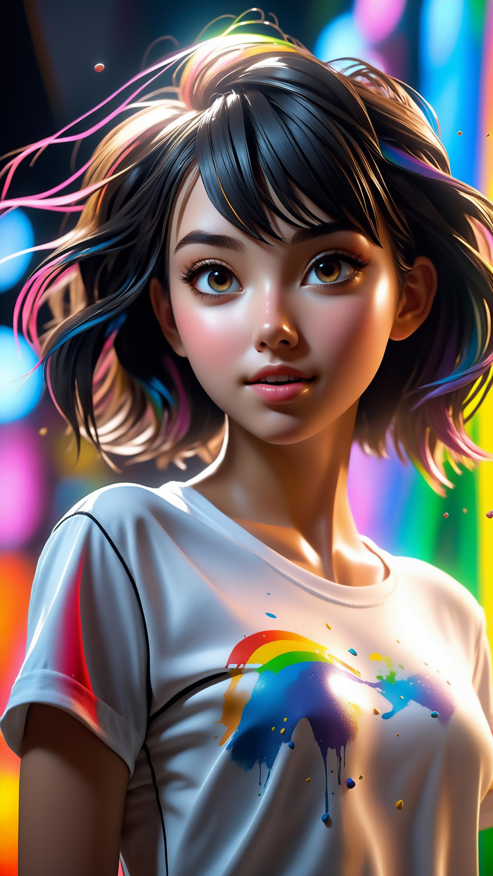 A cartoon character with a colorful rainbow shirt and a pink nose.