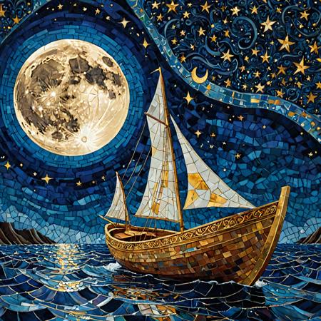 Illuminated ("The moon, a silver boat, sails through the sea of stars, painting dreams on the night sky.":1.2) , Suffering, hillside, Cubism, side lit, Selective focus, Kodachrome, gilded technique, Batik