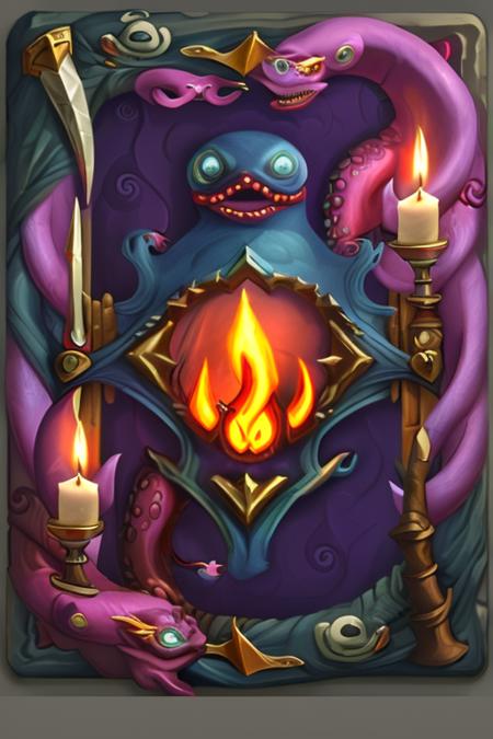 hearthstone_card,game_card,
game_card, a card with a demonic demon and a candle in it, a gate surrounded by snakes, fire, glowing, Cthulhu, Northrend, candle, tentacle, dagger, belt, lantern, pink fabric, spikes, evil,
(masterpiece:1.1), (best quality:1.1), <lora:hearthstone_4-000004:1>