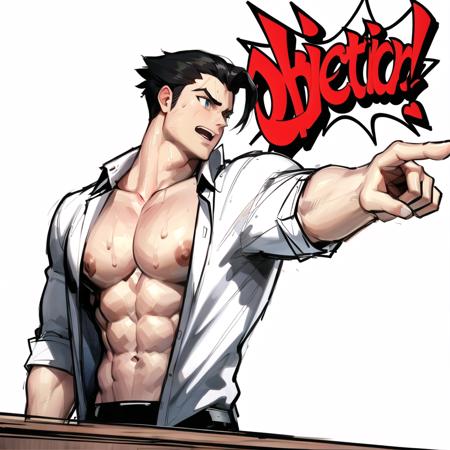 objection, ace attorney, 
1boy, abs, alternate muscle size, alternate pectoral size, bara, bare pectorals, black hair, collared shirt, hair slicked back, large pectorals, male focus, muscular, muscular male, nipples, objection, open clothes, open shirt, pectorals, pointing, pointing to the side, shirt, short hair, sideburns, solo, sweat, unfinished, upper body, white background
<lora:objection:0.7>