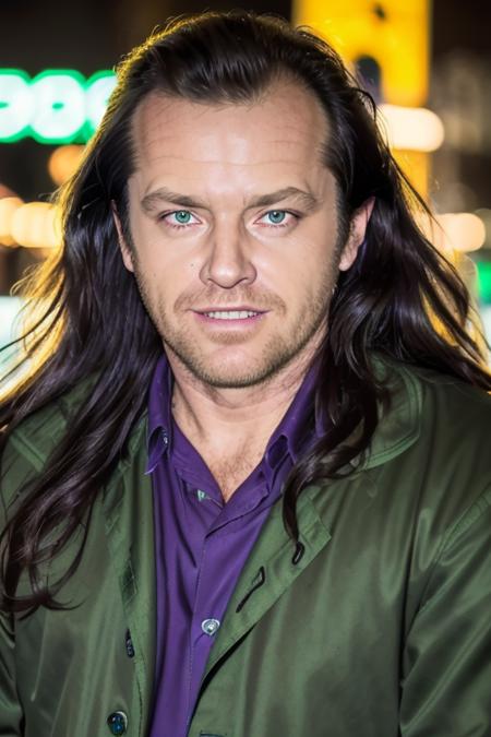 modern movie scene, [RAW:0.1] HD, photo of a man:1.1 <lora:j4ckn1ck:1>, natural skin, long hair, (crooked detective, evil smile), outside at night, dramatic pose, dark street at night, downtown at midnight, green jacket, purple shirt, bokeh, (neon lights), highly detailed skin, (candid, amateur:1.1)