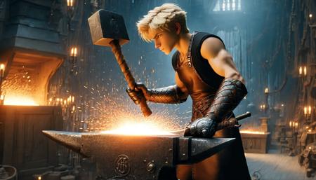 Photograph of  disney animation, blacksmith cute frog forges armour,  working in a huge forge. in paw big fantasy (hammer:1.6), Dressed in (leather trousers:1.3) and (blacksmith's apron:1.3), thick black leather gloves, heated iron laid on magical (an anvil:1.9). short blonde hair, Lots of sparks, hot
, looking at viewer, short hair, (masterpiece), (best quality:1.2), intricate details, (highly detailed skin:1.2),
intricate details, 8k post production, high resolution, hyper detailed, trending on artstation, sharp focus, studio photo, intricate details, highly detailed,  , captured on a (Hasselblad X1D II 50C)