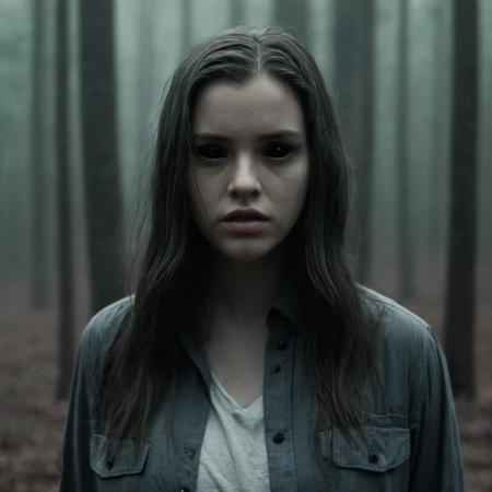 cinematic film still of Horror-themed, <lora:black sclera v2:1>
a young woman with long hair standing in a forest,1girl,solo,long hair,looking at viewer,shirt,closed mouth,monochrome,upper body,greyscale,collared shirt,blurry,lips,blurry background,rain,realistic , black sclera, black eyes, dark eyes, hollow eyes, empty eyes, shallow depth of field, vignette, highly detailed, high budget, bokeh, cinemascope, moody, epic, gorgeous, film grain, grainy
