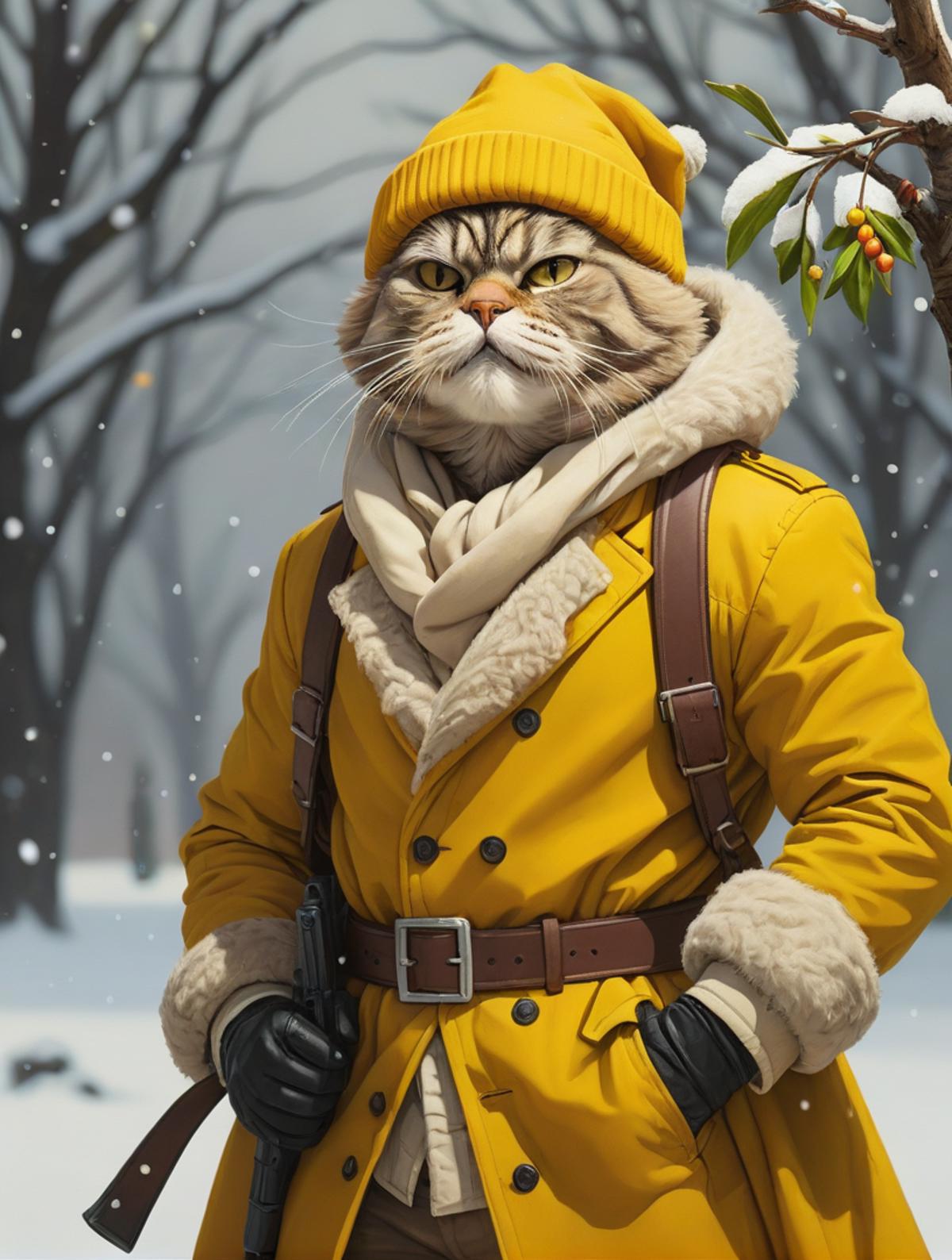 A cartoon cat in a yellow trench coat and hat, standing in the snow and holding a gun.