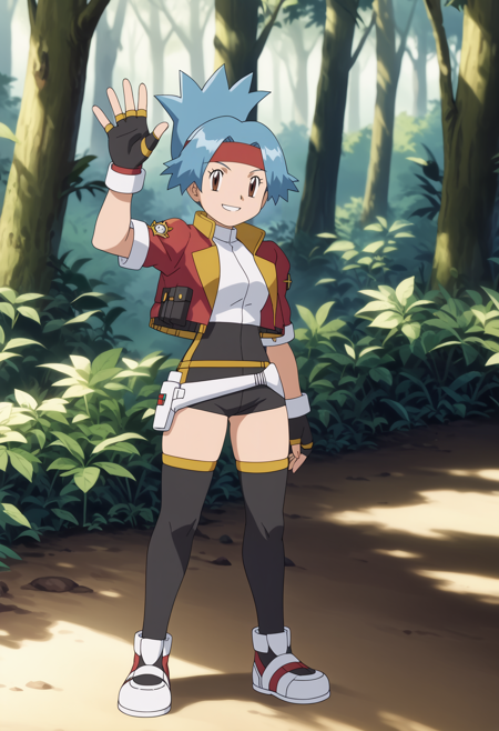 1girl, solana, blue hair, ponytail, brown eyes headband, cropped jacket, open jacket, red jacket, fingerless gloves, belt, shoes, thighhighs