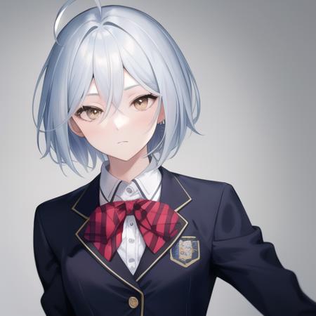 (masterpiece, best quality:1.2),illustration,8k,hd,1girl,solo,upper body,(portrait:1.2),school uniform,ahoge,skirt,looking at viewer,short hair,silver hair,bow,jewelry,jacket,red skirt,ring,pleated skirt,shirt,white shirt,brown eyes,bowtie,black socks,expressionless,red bow,socks,blazer,hair between eyes,<lora:Kannazuki Arin>,