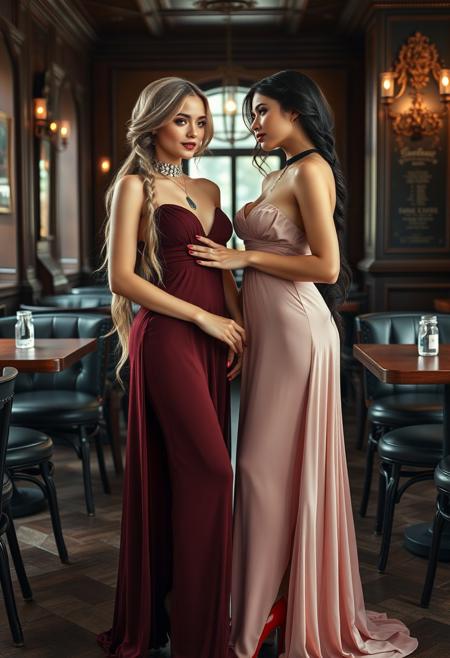 2 girls, age 24, foto realistic, perfect face, perfect bodies, perfect big breasts, choker with diamonts, high heels with diamonts, neckless with diamonts, tiny butt, midriff, big breasts, elegant expensive long dress with free shoulders and intrinsic details, pale natural skin with pores and dents, very long blonde hair, braided  hair, black hair, glossy blue eyes, green eyes, smile at each other, best quality ,masterpiece, in irish coffee house, view from floor, hand at breast, holding hands, red high heels, jewlery, tattoo on throat, tattoo on chest, red lips, red finger nails,