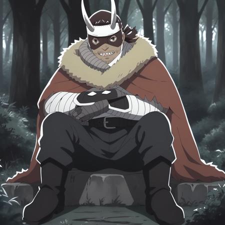 Ashura,1boy,mask,horned headwear,headband,brown eyes,sharp teeth, fur-trimmed cape, white shirt, bandages arms,gauntlets, black belt,black pants, boots, fat,chest hair,arm of arms,