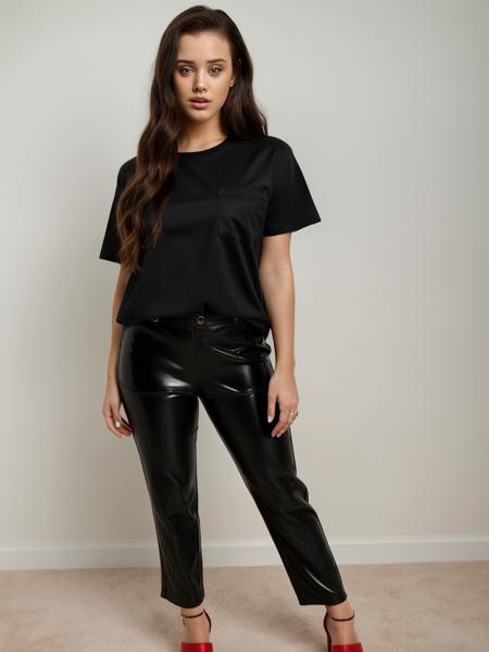 A beautiful k4th3r1n3l woman, 1girl,solo,long hair,looking at viewer,brown hair,shirt,standing,full body,short sleeves,pants,black shirt,sandals,t-shirt,red footwear,realistic,print shirt,red pants,soft lighting, professional Photography, Photorealistic, detailed, RAW, analog, sharp focus, 8k, HD, high quality, masterpiece<lora:k4th3r1n3l:1.0>