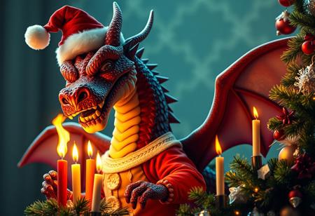 a big mighty dragon in a cute red christmas costume with a santa hat lighting several candles on the tree with his fire, happy, proud, hyper-detailed, vivid colors, high res, hyper-detailed, ultra-sharp, professional photo