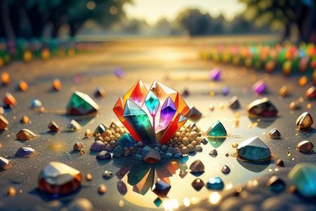 (GemstoneAI magical crystal, perfect transparent, see-through, reflections, energy, gravel Streambed) in a green grassland, covered in plants, flowers, colorful, sharp focus, high detailed, realistic, day, blue sky, energy, masterpiece, HDR, ultra-detailed,