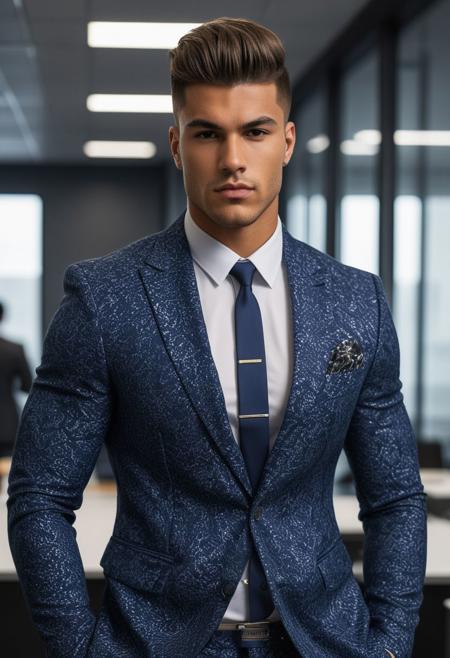 a strong 22-year-old BRAZILLIAN hunk bodybuilder male, with a fringe up undercut hairstyle, detailed face, mindless expression,  wearing a NAVY-BPLUE suit with silver patterns, wearing pants,  on a modern office, standing at attention pose, looking at viewer, portrait, photography, detailed skin, realistic, photo-realistic, 8k, highly detailed, full length frame, High detail RAW color art, diffused soft lighting, shallow depth of field, sharp focus, hyperrealism, cinematic lighting
