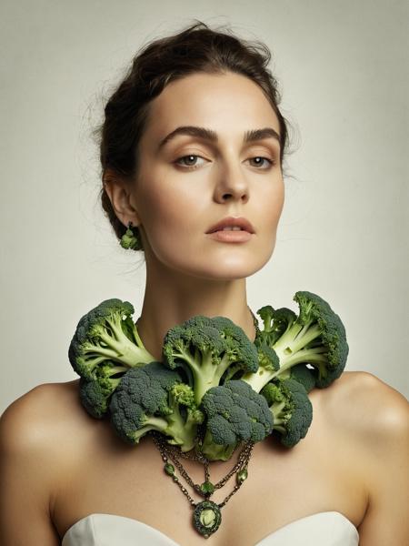 Surrealist art woman wearing a necklace made of broccoli, simple background . Dreamlike, mysterious, provocative, symbolic, intricate, detailed