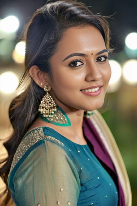 ultrarealistic close up photo of a 30-year-old  woman, Aparna Das, outdoors, realistic skin texture, sharp features, looking looking at camera, (salwar_kameez:1.2), smiling, night time, beautiful bokeh, film grain    <lora:Aparna_Das_SDXL_LoRA_v2:1>