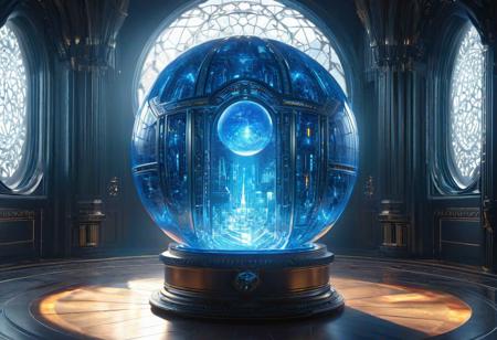 The blue secret room, by Stanley Artgerm Lau, WLOP, Rossdraws, James Jean, Andrei Riabovitchev, Marc Simonetti, krenz cushart, Sakimichan, trending on ArtStation, digital  blue secret room in the center of a room is a glowing crystal ball with a glowing sphere inside, inside the ball is a supercomputer with a central hub, in the center of the room is a mystical ancient alien portal, great glass window, great glass window, concept art, magic fantasy, scenic, deep focus, digital art, highly detailed, high quality, 8 k, soft lighting, intricate, elegant, sharp
