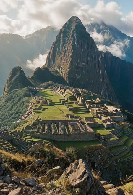 their peaks veiled in mist. mixed media, surrealism, great lighting, A surreal landscape highly detailed . extremely high-resolution details,  appears trapped in an optical illusion of reflections and refractions colorful , Machu Picchu high up in the mountains, professional photography, natural lighting, volumetric lighting maximalist. intricately detailed, complex, elegant, expansive, fantastical, film photography style,  medium grain