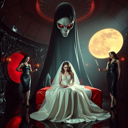 high-society elegant slender norvegian rich innocent young bride posind in front of whorish red glossy bed. She is ensnared by a towering, gray human-like alien, draped in a long, glossy black cloak, its eyes gleaming red with an otherworldly intensity.  Encased in light beam from the alien breeding chamber celling/ Surrounded by strict ladies wearing  glossy satin dominatrix attire and glossy high heels,  holding whips.   weird wet-look black slime  walls and floor, colossus observation blister to outer space full of stars, bright red moon, vintage-inspired makeup, long hairs, ultra thin waist, evil grin, porcelain skin, lipstick, red nails, in the style of a haunting, retro-futuristic 1950s sci-fi nightmare, horror, alien space base,,
