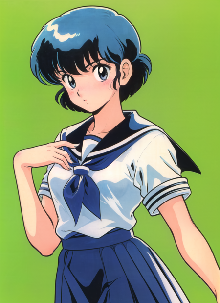 takahashi rumiko, 1980s \(style\), retro artstyle, tendou akane, 1girl, blue hair, blush, small breasts, embarrassed, fuurinkan high school uniform, green background, school uniform, short hair, simple background, solo, ((masterpiece)) <lora:takahashi_rumiko_offset:1.2>