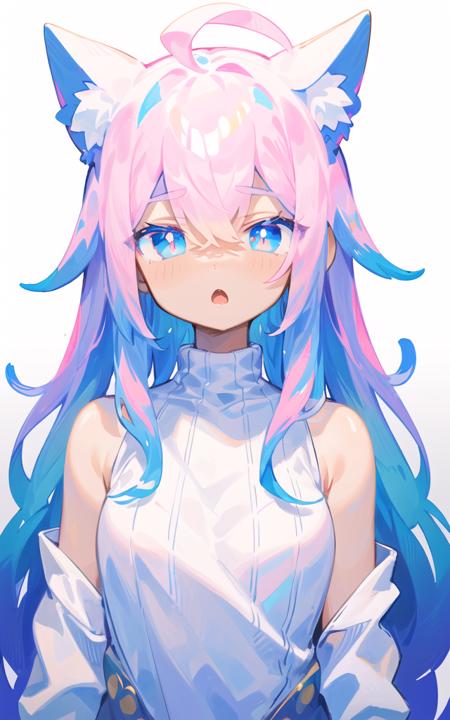 masterpiece, (((best quality))), ((ultra-detailed)), ((illustration)), 
1girl, solo, cat ears, multicolored hair, ((gradient hair), white+(blue)+(pink:0.5) hair//), very long hair, messy hair, bangs, ahoge, ((gradient eyes), pink+light_blue eyes//), slit pupils, glowing eyes, 1fang, 
:o, 
white sweater, 
<lora:uenomigi-loha-000003:1>