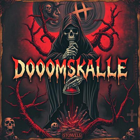 A stoner doom metal album cover for the song 'DOOMSKALLE', featuring a gritty, textured look reminiscent of a worn-out tattered poster from 1975. The title is prominently displayed in the center, dripping with blood, amplifying the menacing tone. Behind the title, a ominous wraith looms, shrouded in dark, swirling mist, holding a bong. The overall color scheme combines deep, ominous reds and blacks, enhancing the vintage horror vibe. The composition should include rough textures and distressed elements, creating a haunting and raw atmosphere typical of 70's doom metal aesthetics, with twisted branches and ghostly shadows adding to the eerie depth. #00000006:0.8